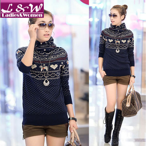 2013 New Year Fashion Women Knitted Wool/Acrylic Pullover Sweater Shorts Blouses Christmas Deer&Heart Black/Blue/Orange11003