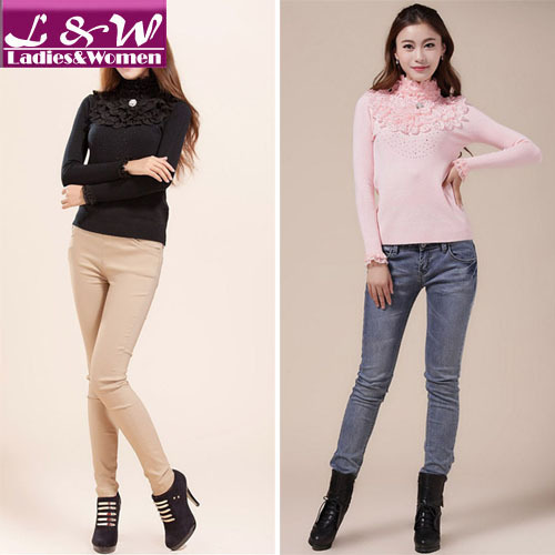 2013 New Year Fashion Women Lace+Sequins Pullover Casual Sweater Wool+Acrylic Warm Winter Blouses Black/White/Pink XMAS 11007