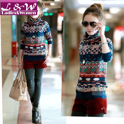 2013 New Year Fashion Women Long Sleeve Cotton+Wool Knitted Pullover Sweater Warm Winter Geometry Pattern Christmas Stripe 11005