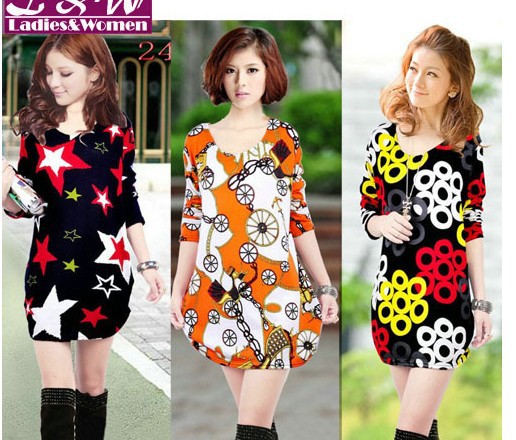 2013 New Year Fashion Women Loose Casual Print Flower/Punk/Geometry/Star Dress Ladies Knitted Novelty Spring Dresses