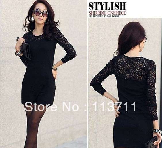 2013 New Year Fashion Women Sexy Cotton Lace Dress Casual Long Sleeve Dresses S M L XL for Spring and Autumn Promotion