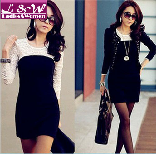 2013 New Year Fashion Women Sexy Cotton Lace Dress Casual Long Sleeve Dresses S M L XL XXL XXXLfor Spring Autumn Promotion 12029