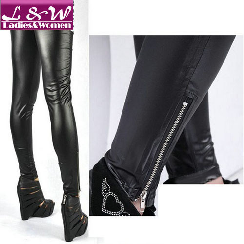 2013 New Year Fashion Women Warm Winter Apparel Leggings with Faux Leather&Cotton&Zipper Black Color Free Shipping19009