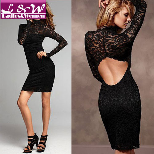 2013 New Year Women Fashion Sexy Lace Open Back Dress, Club Long-Sleeve Dress,Free Size,Black,Free Shipping FWO10031 12028