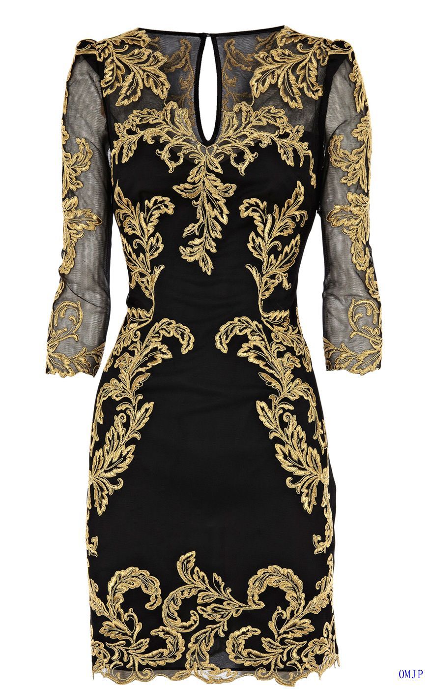 2013 newest black elegant gold embroidery sexy deep V collar dress