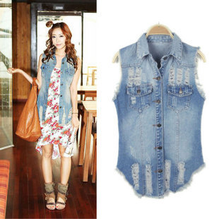 2013 Newest! Distrressed slim fashion vest long design slim wearing white personalized denim vest