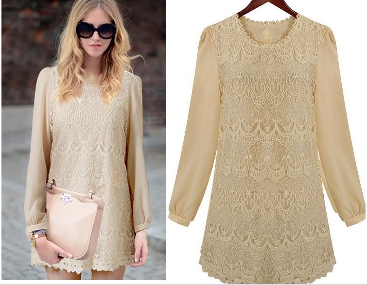 2013 NEWEST Europe style women  long sleeve loose dress, lace slim dress,beige, S M L, free shipping