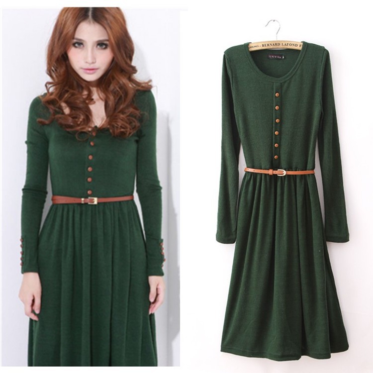 2013 newest fashion women spring casual knitted twisted sweater dress +belt long sleeve mid-calf button skirts free shipping