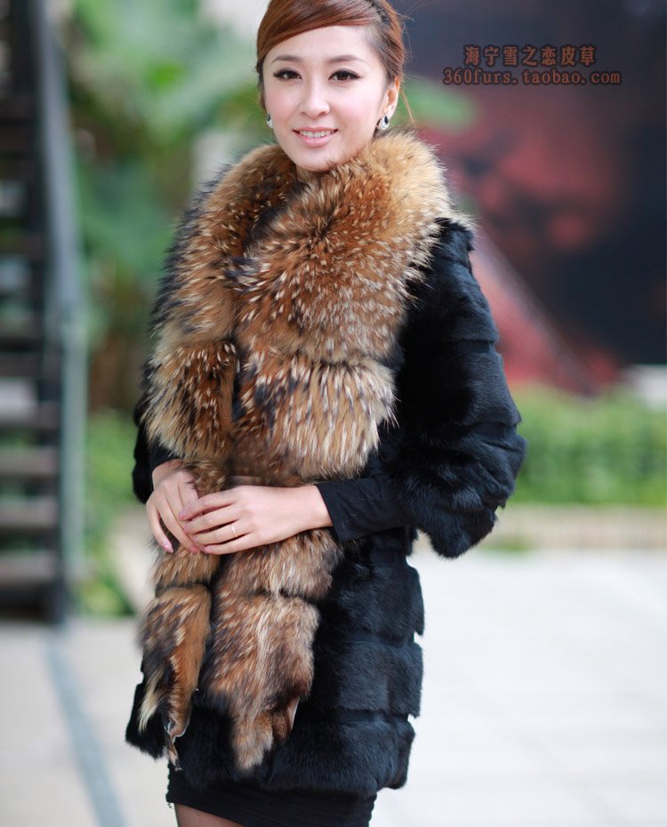 2013 newest real rabbit fur turn down big long collar winter coat jacket noble women black parkas fashion elegant warm WP9221