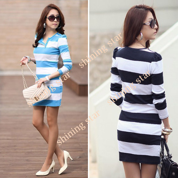 2013 Newest Women Dissymmetric Collar Korea Casual dress Long Sleeves Mini Dress Strips Pullover  10045