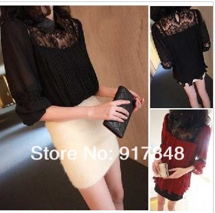 2013 newest women fashion cute sexy turn-down leather collar splcing lace long sleeve pretty shirts dress    women OL sexy dress