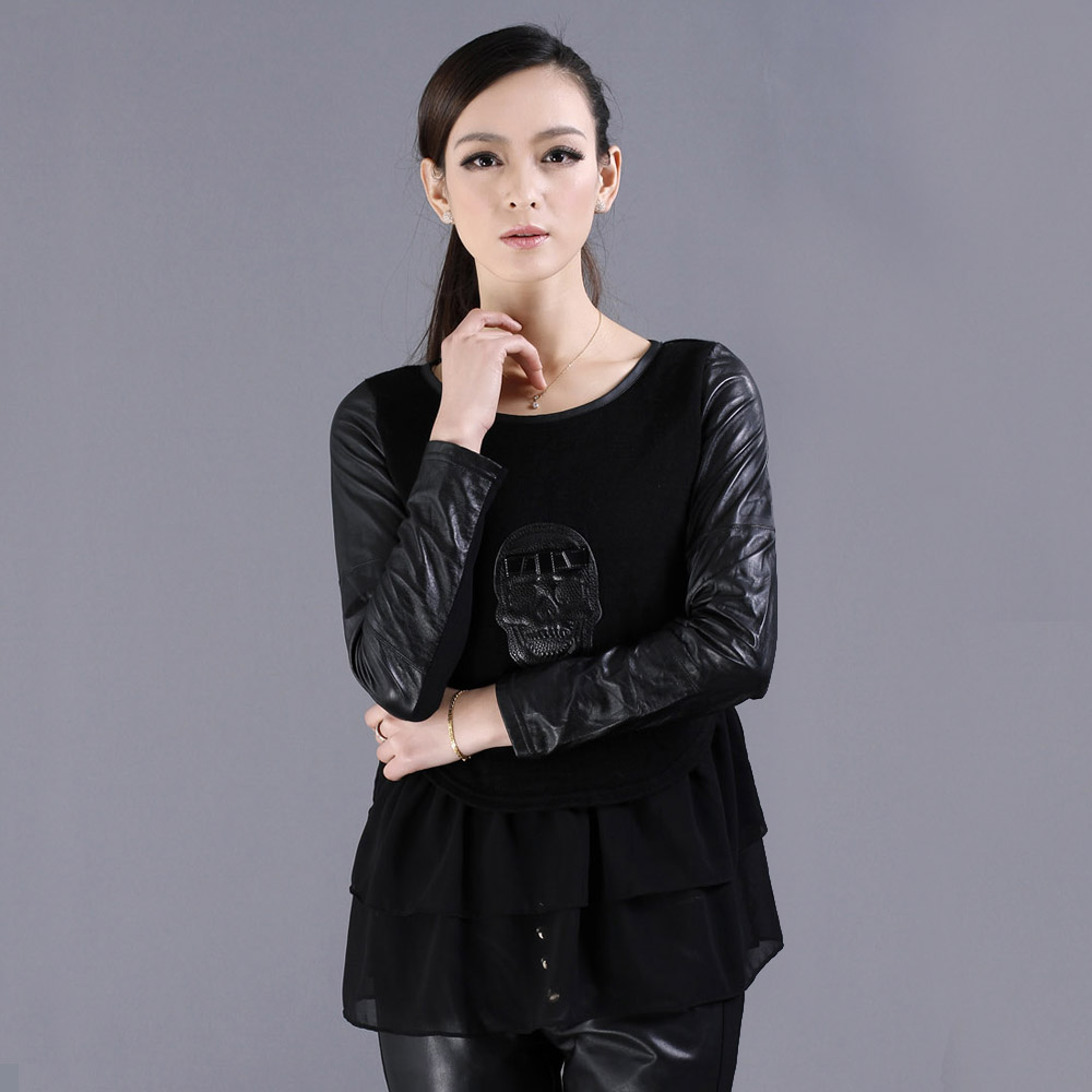 2013 o-neck genuine leather clothing female fashion genuine leather clothing knitted basic shirt