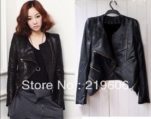 2013 oblique zipper water wash PU black leather women clothing outerwear