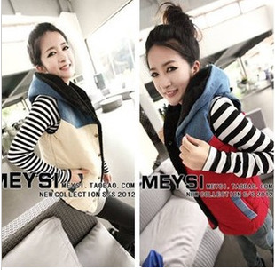 2013 Octopussy patchwork denim casual hooded plus cotton all-match color block vest