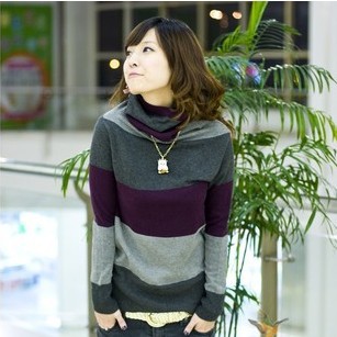 2013 Outerwear  women's loose stripe turtleneck pullover short design all-match basic sweater female thick New  Winter