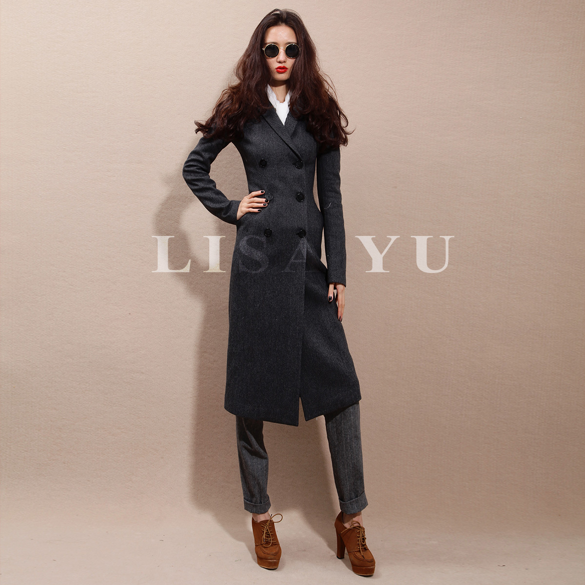 2013 Overcoat lisa yu vintage fashion slim turn-down collar double breasted lambdoid wool coat women trench for Free shipping