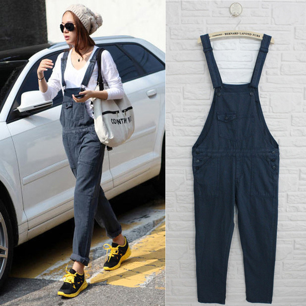 2013 personality loose denim bib pants overalls jumpsuit trousers female cargo pants Free shipping