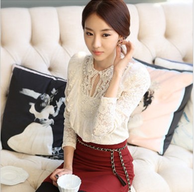 2013 peter pan collar lace gauze basic shirt female long-sleeve white q761 plus size top