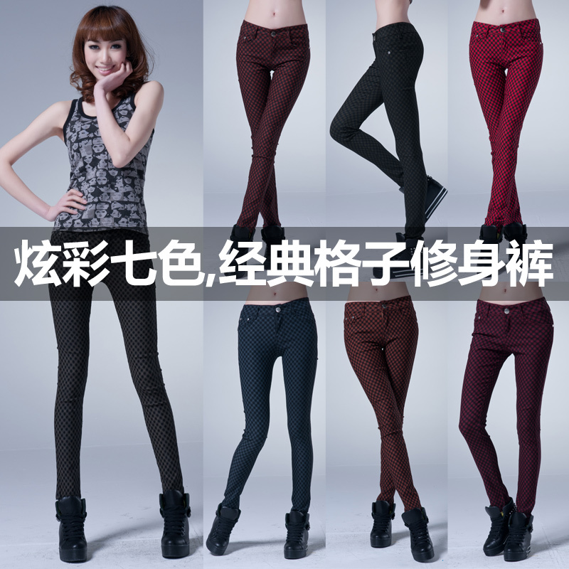 2013 plaid pants casual trousers skinny elastic pencil pants boots trousers 818