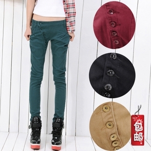 2013 plus size buttons elastic pencil pants denim trousers female