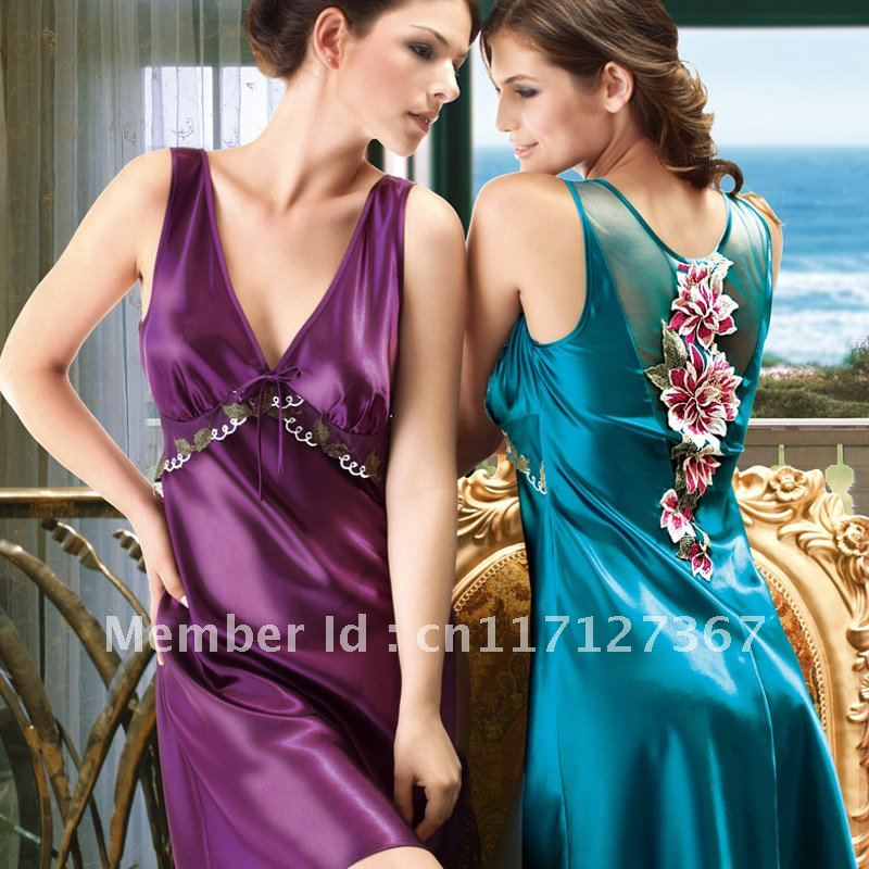 2013 plus size NWT women's pajama silk satin blue purple sleeveless bathrobe pjs night gown suit Lingerie loose eblin 2060