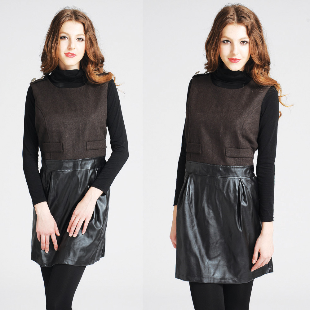 2013 Plus size women mm autumn and winter fashion slim woolen patchwork PU epaulette vest leather skirt