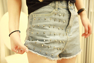 2013 punk tassel rivet retro finishing mid waist denim shorts personalized female summer