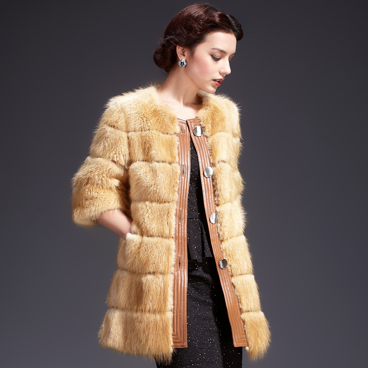 2013 quality beaver fur coat wool medium-long three quarter sleeve o-neck lj6312