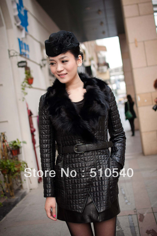 2013 real Fashion Fox Fur &Leather Coat winter outerwear dress women's clothing,Solid Color