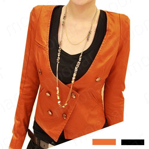 2013 Retro Women Double Button PU Leather  Deep V-Neck Short Tops Fit Autumn Coat Casual Jackets Free Shipping E0781