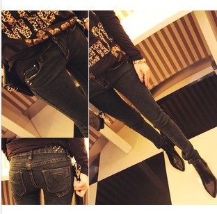 2013 rivet comfortable dark color tight-fitting denim pencil pants female