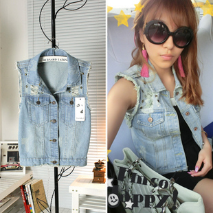 2013 rivet hole water wash retro finishing denim vest short jacket 578