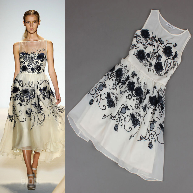 2013 Runway Fashion Elegant Black Embroidery Flower Organza Lace A Line Knee Length Fairy Dress