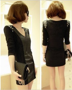 2013 sexy arbitraging slim hip slim leather skirt basic skirt long-sleeve dress