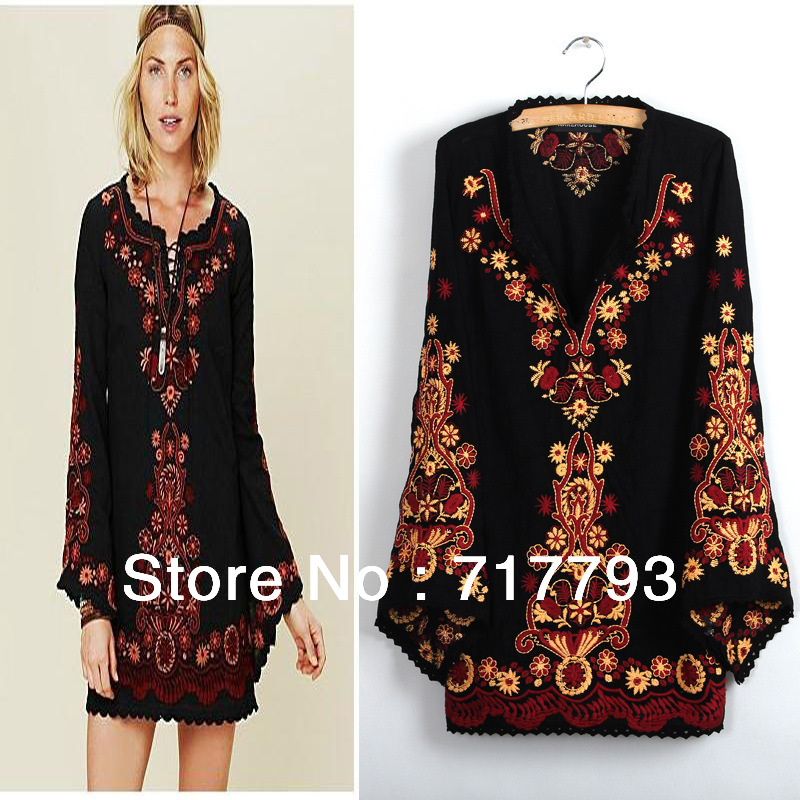 2013 Sexy Charming Women Restore Fashion Bohemian Ethnic Style Flower Embroidery Pattern Linen Flare Sleeve Mini Dress