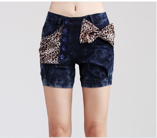 2013 Sexy Lady Leopard bow jean short women jeans short ladies Button short pants 211 free shipping