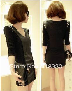 2013 sexy slim hip slim leather skirt basic skirt long-sleeve winter one-piece dress