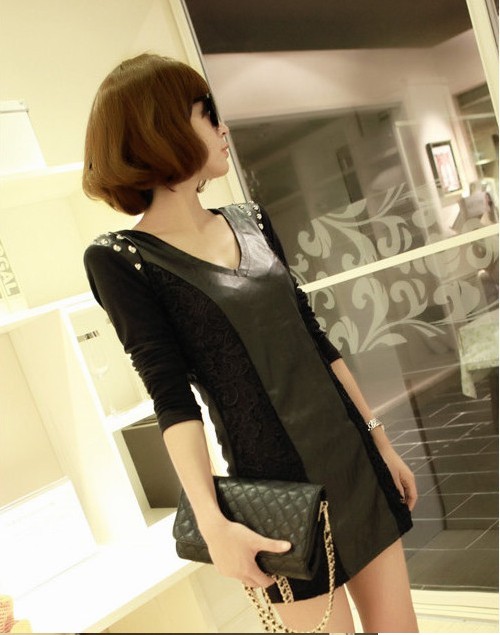 2013 sexy slim lace leather skirt dress one-piece dress short skirt women's