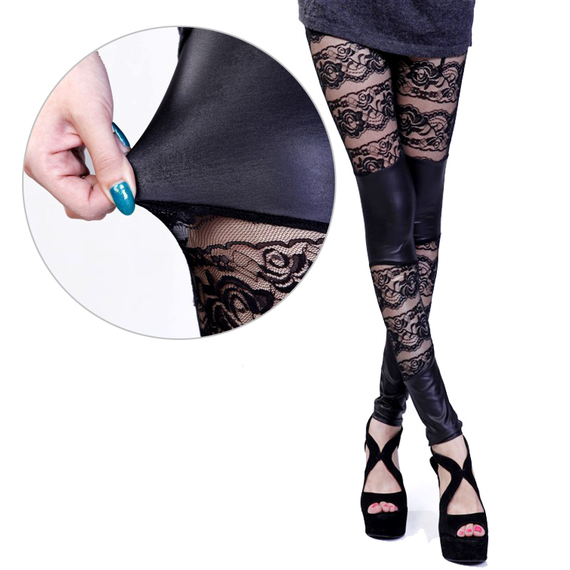 2013 sexy thin cutout legging lace patchwork female PU faux leather slim rustic small fresh