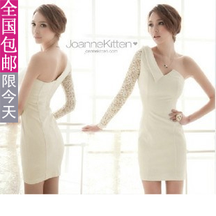 2013 sexy Women's  fashion one shoulder strapless lace sleeve one-piece dress