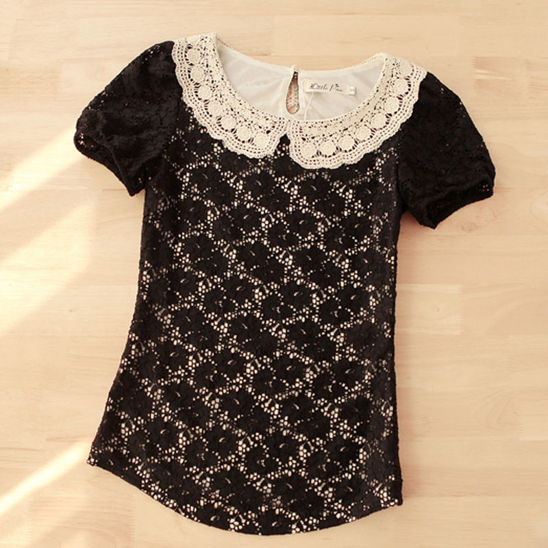 2013 shirt hook flower bud silk  shirt short sleeve blouse,cultivate one's morality blouse doll collar blouse L81003 black