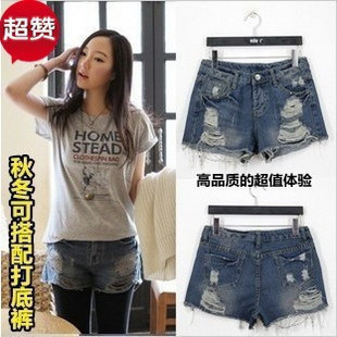 2013 short jeans for women autumn and winter plus size loose hole boot cut jeans shorts denim shorts fashion women clothing