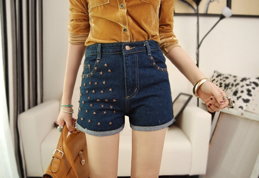 2013 shorts fashion vintage high waisted denim shorts jeans female casual spring summer british style Metal star rivet hot pants