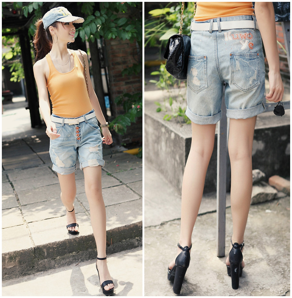 2013 shorts plus size straight hole loose denim capris knee-length pants female denim