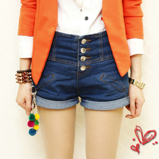 2013 single breasted roll-up hem high waist denim shorts female 338