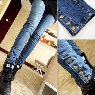 2013 skinny jeans for women fashion distrressed elegant button decoration slim mid waist jeans hot selling female jeans