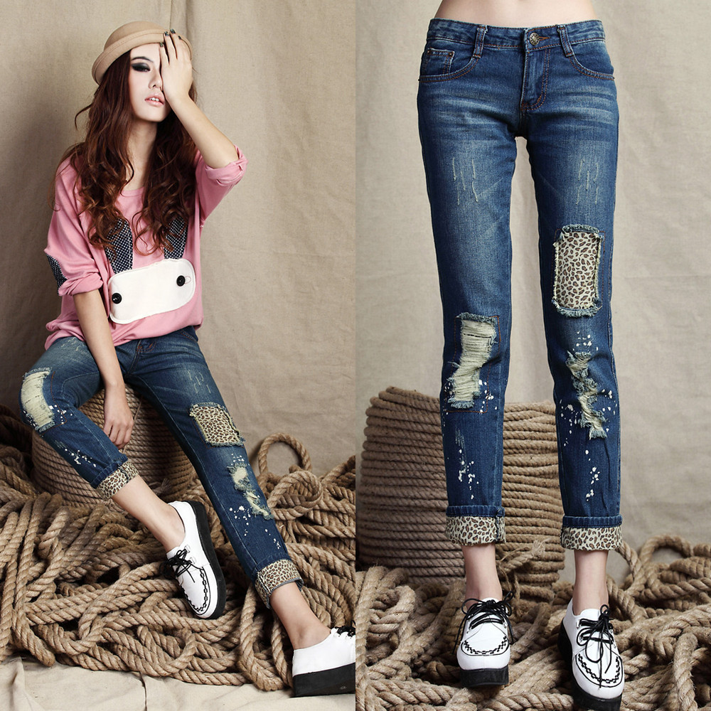 2013 skinny jeans for women long pants leopard print wearing white hole skinny pants pencil jeans roll up hem women clothing