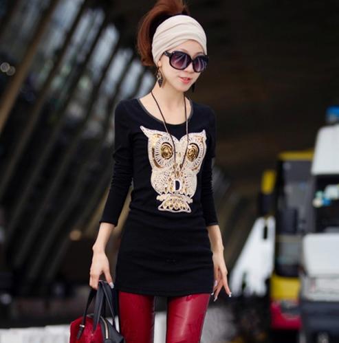 2013 Slim Fit Stylish Of Ladies' Appliques Decoration Cotton Shirts With O-Neck Animal Pattern Free shipping Black NQ8844