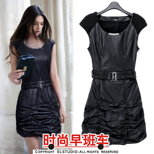 2013 slim high quality PU water washed leather pleated sleeveless one-piece dress leather skirt op1091