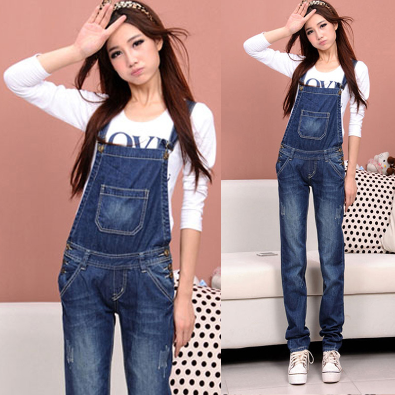 2013 sppring lady denim bib pants women's blue jean jumpsuit femeal casual loose straight trousers romper overalls for women